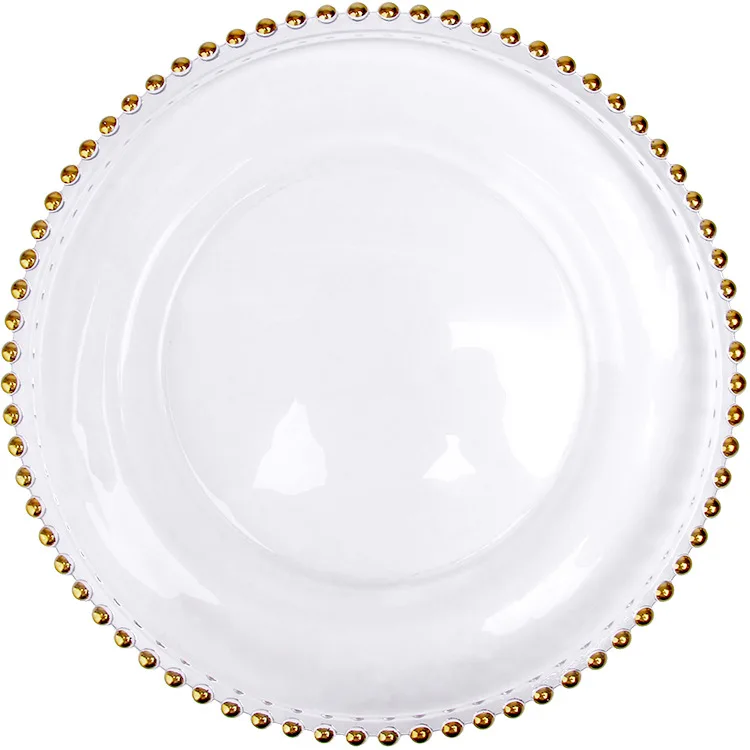 

P545 Wedding Table Decoration Clear Golden Glass Beaded Charger Pates Glass Plate, White color