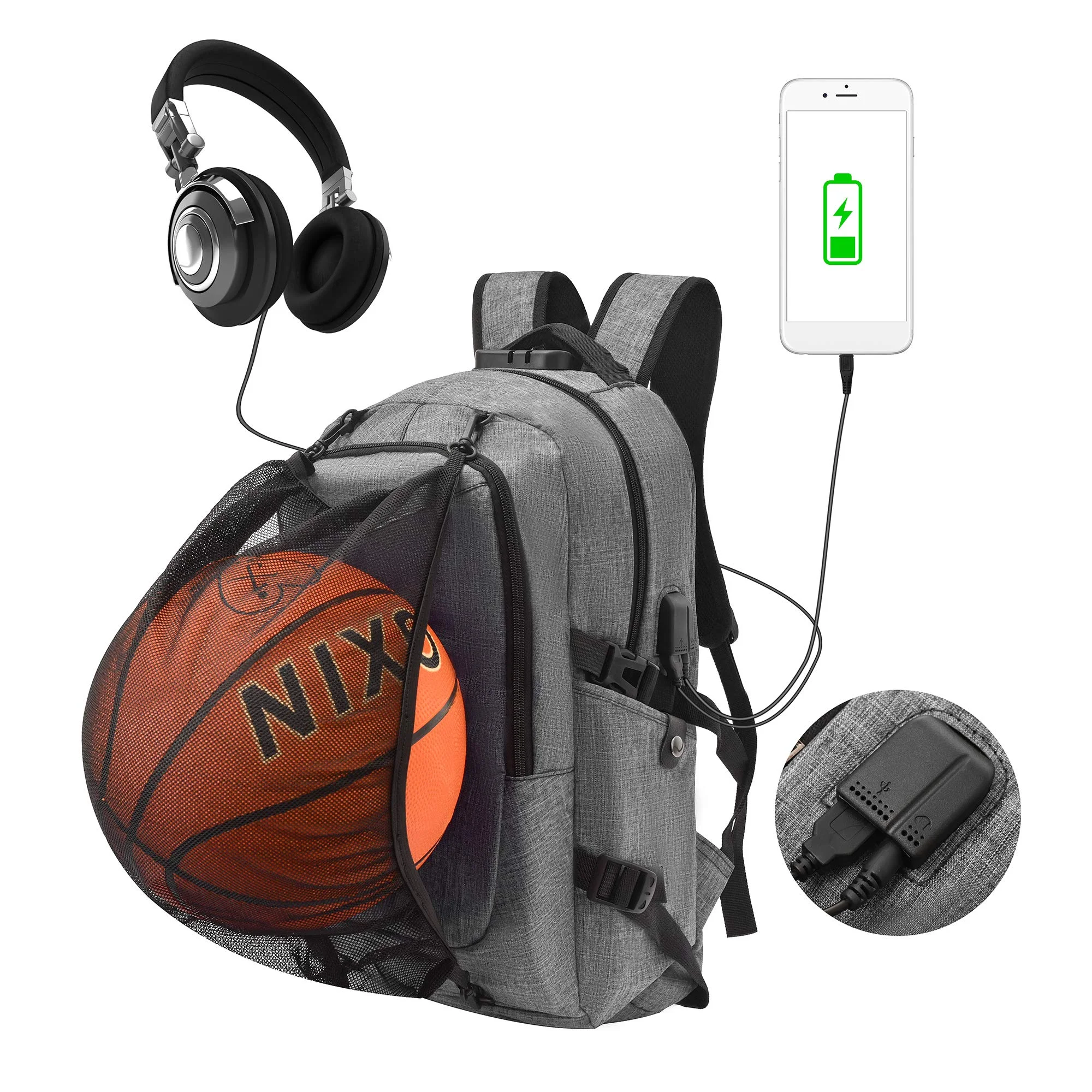 

Large Durable Anti-Theft Laptop Backpack College School Bag with Basketball Net & USB Charging Port for Boys Girls, As picture shown, or custom