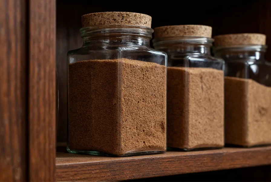 Proper storage containers for Ceylon cinnamon showing airtight glass jars kept in a dark pantry