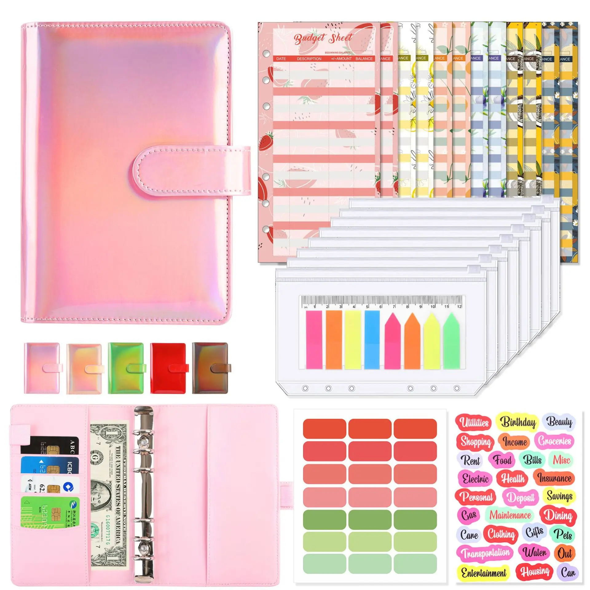 

Wholesale custom cute cash a6 budget binder glitter planner set with cash envelopes budget binder accessories for budgeting bulk