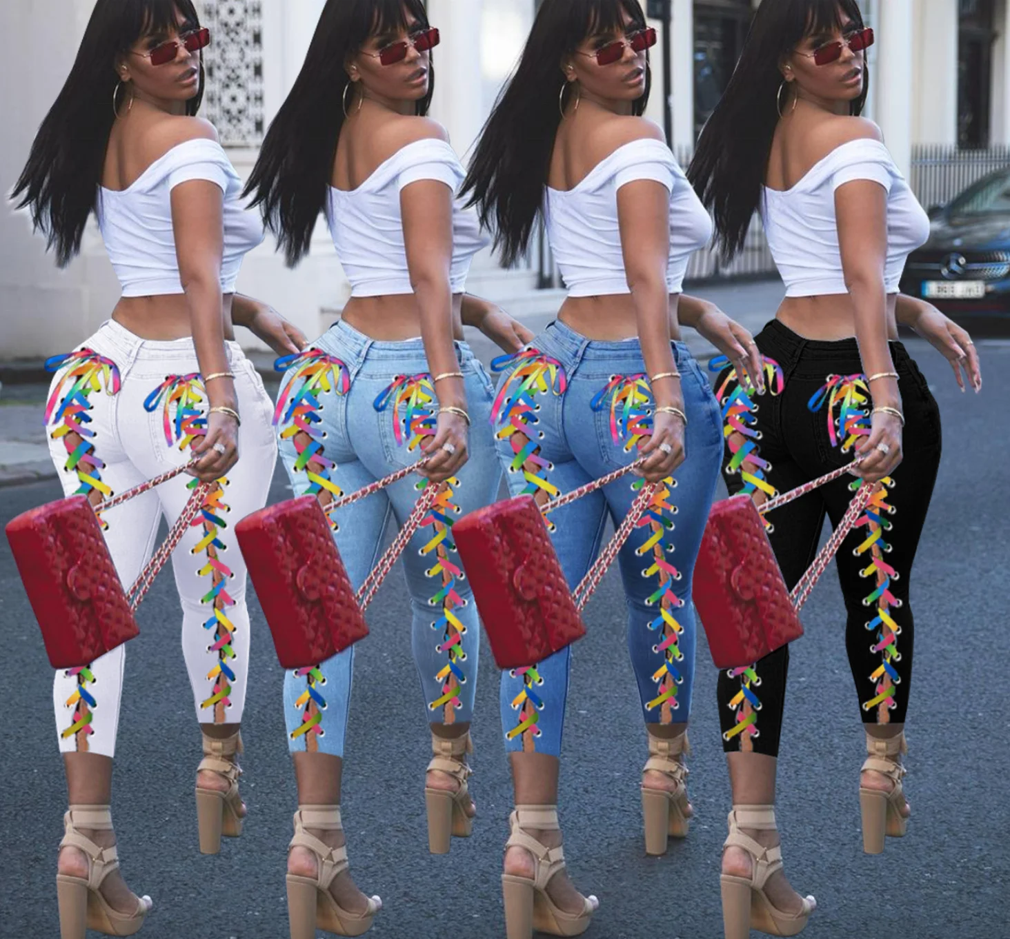 

Hot Sale Fashion Women Autumn Sexy Adjustable Drawstring High Waist Hips Skinny Pants Denim Jeans, Blue jeans