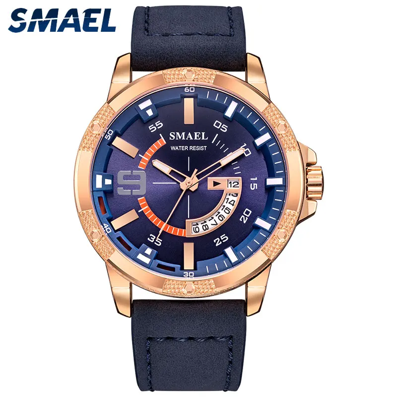 

SMAEL men quartz watch leather strap water resistant wrist watch 9100, Coffee,black,gray,brown,blue