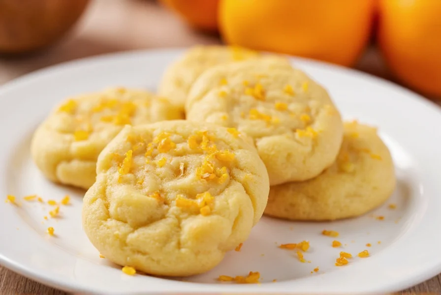 Close-up of golden orange cardamom cookies on a white plate with orange zest garnish