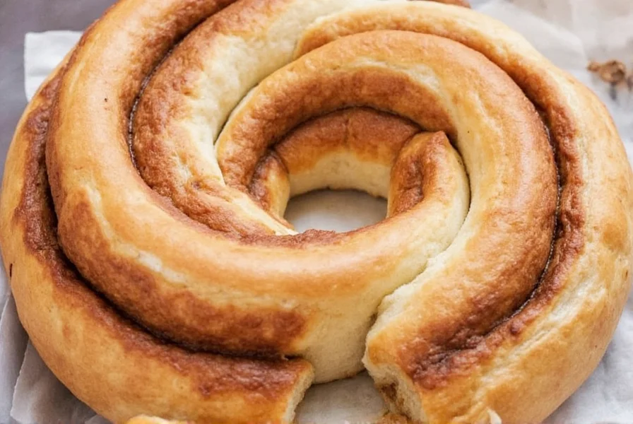 Professional baker preparing giant cinnamon roll dough on floured surface with rolling pin