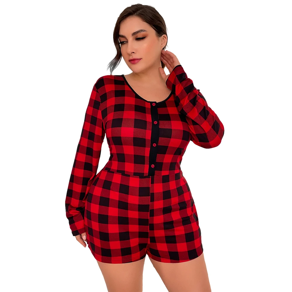 

Christmas red plaid one-piece pajamas jumpsuit onesies shorts pijamas de monos mamelucos plus size onsies sleepsuit for women