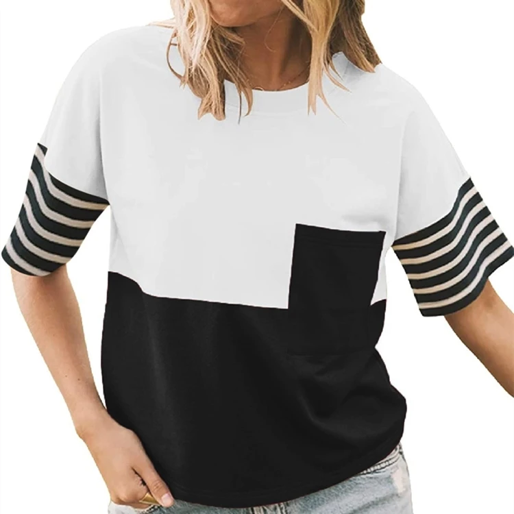 

Women Stripe Stitching Contrast Fashion Top 2021 Summer Plus Size Vintage Oversized Loose Casual O Neck Short Sleeve T Shirt