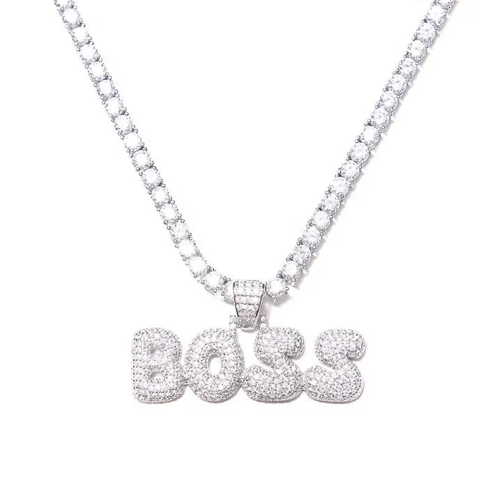 

iced out men women cz tennis chain cz letter boss pendant necklace