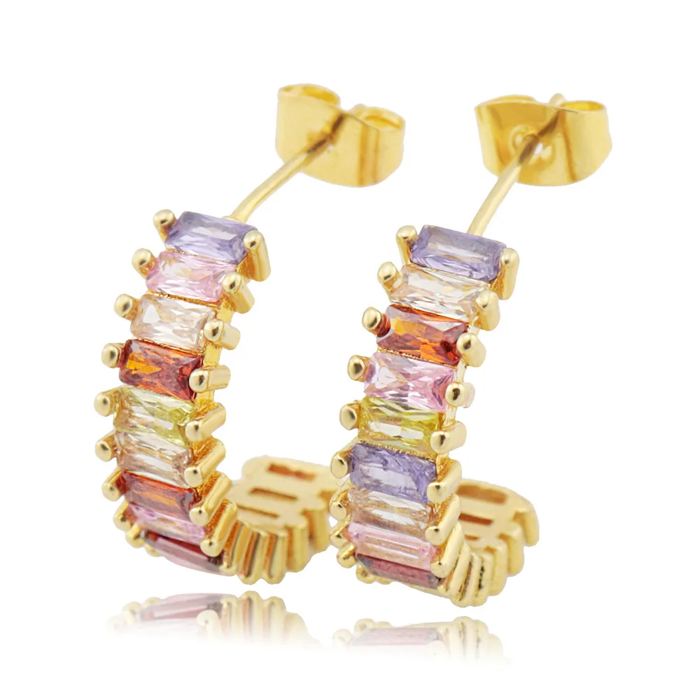 

Summer Beach Styles Zinc Alloy Geometric Rainbow Color Crystal Gemstone C Shaped Hoop Earrings, Rainbow crystal