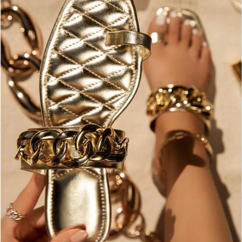 

Gold metal chain women flat sandal slipper 1041, Gold,,black,pink