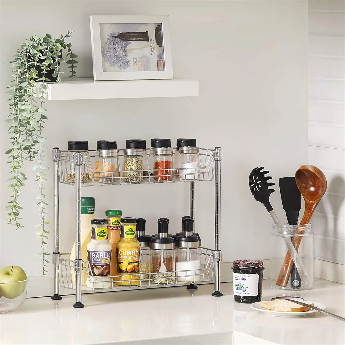 

Countertop Spice Rack, 2-Tier Freestanding Kitchen Shelf, Metal Bathroom Organizer Holder, for Jars, Bottles, Cans, Silver