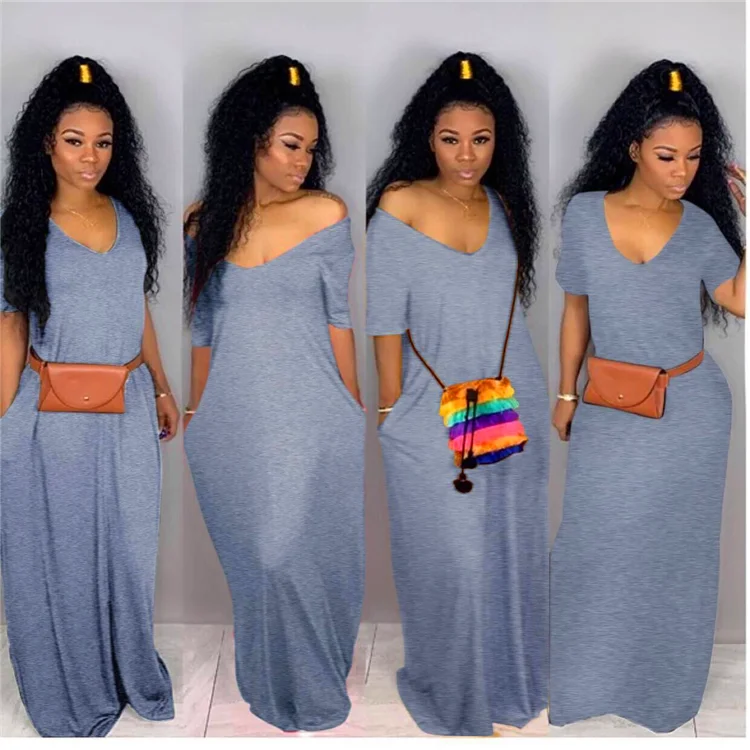 

New trendy oem plus size women clothing sexy solid color short sleeve oversized wide neck maxi dress S-4XL