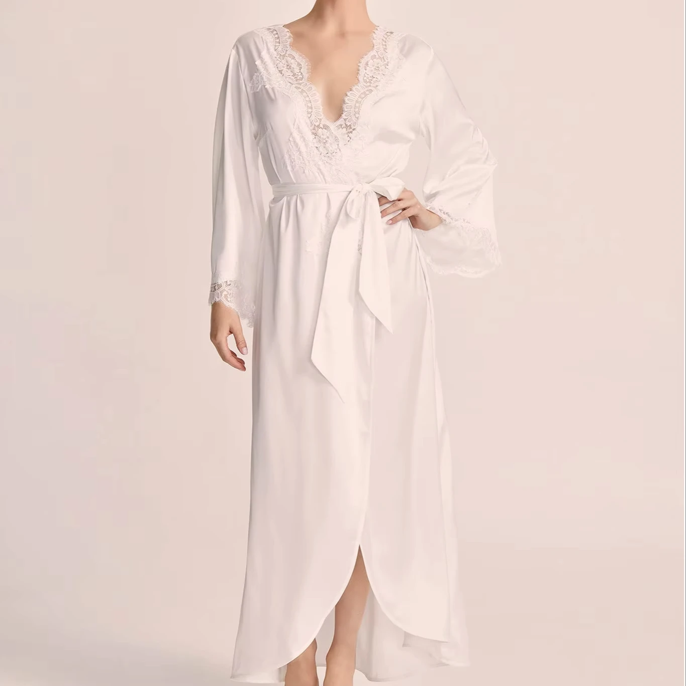 8282 Women Long Satin Robe Lace Trim Kimono Dressing Gown Silk Bridal/Bridesmaid Robe