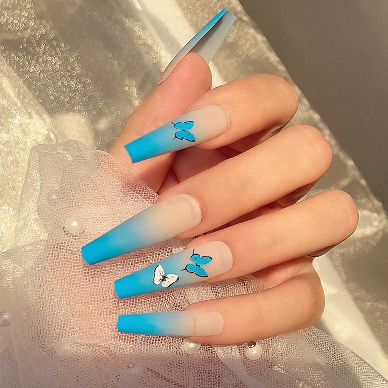 

Paso Sico 24pcs/Set Gradient Blue Butterfly Matte Finished Long Ballet Design False Press on Nails for Wholesale Nail Tips