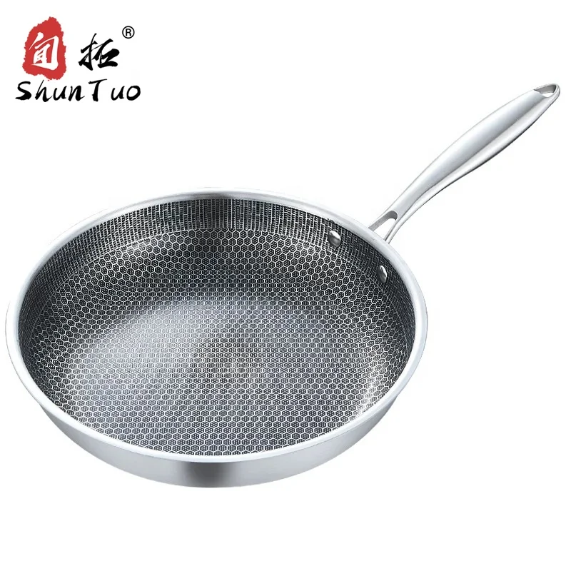 

induction bottom oven Stainless steel honeycomb frying pan non-stick tri-ply fry pan with ss handle