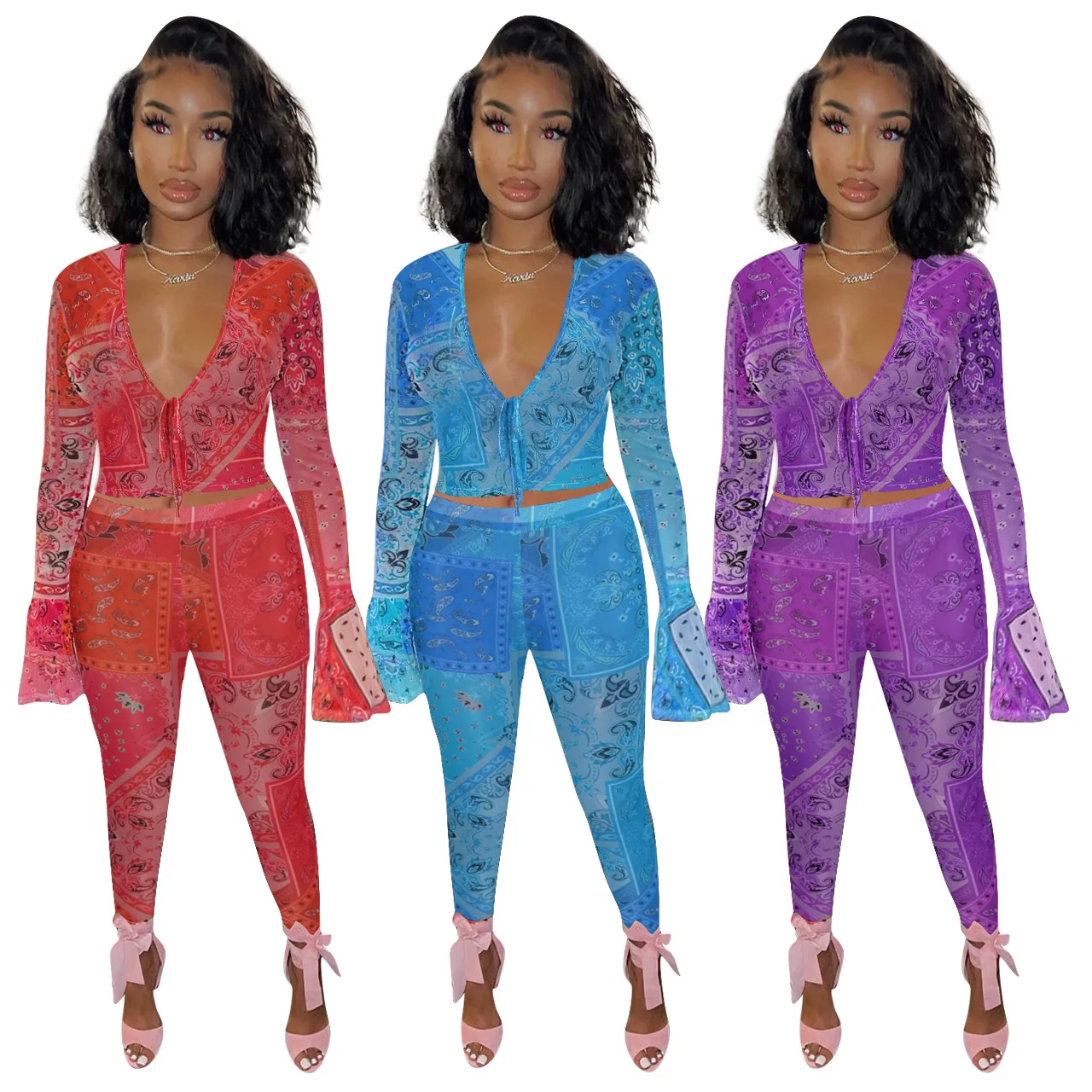 

FE180 Latest design mesh long flare sleeve fall 2021 2 piece set women sexy girls outfit v-neck printed women two piece sets