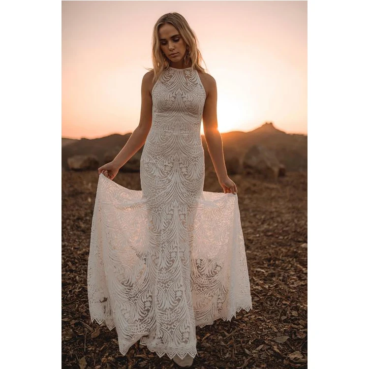 Fashion Cheap White Sleeveless Maxi Evening Gown Bridesmaid Lace
