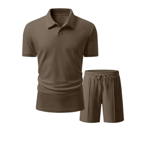 Custom Men Solid Waffle Textured Golf Tracksuit Casual Summer Beach Vacation Athletic Lapel Collar Polo Shirt Shorts 2 Piece Set