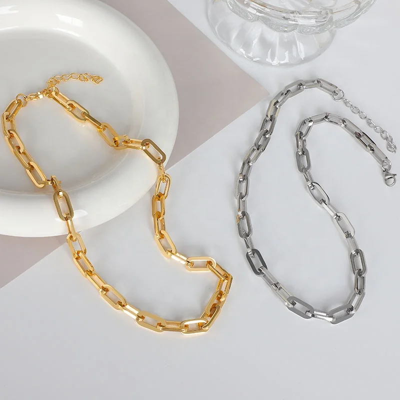 High End Polished 18K Gold Plated Stainless Steel Non Tarnish Chunky Thick Flat Paper Clip Link Chain Necklace And Bracelet