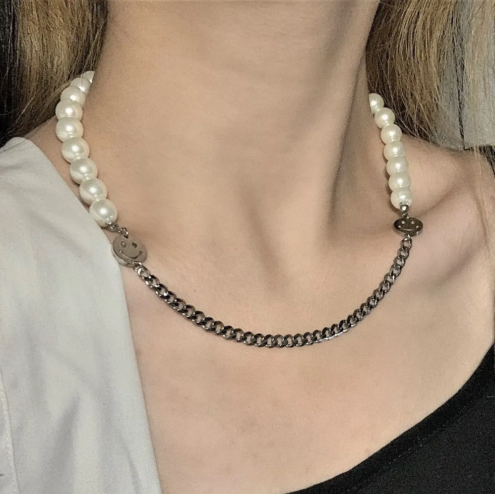 

VAF Smiley Smile Face Pearl Necklace 925 Vintage Dainty Peal And Chain Jewelry Women Necklace With Charm, 14k/18k/white gold