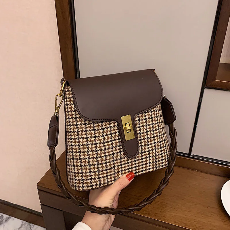 

2021 New arrivals Ladies Plaid Bucket Hand Bags Luxury Ladies Handbags Popular Purses For Women