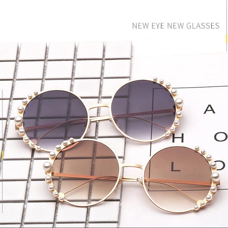 

2021New Fashion Luxury Women Round Circle Metal Frame Pearl Sunglasses, 8 colors