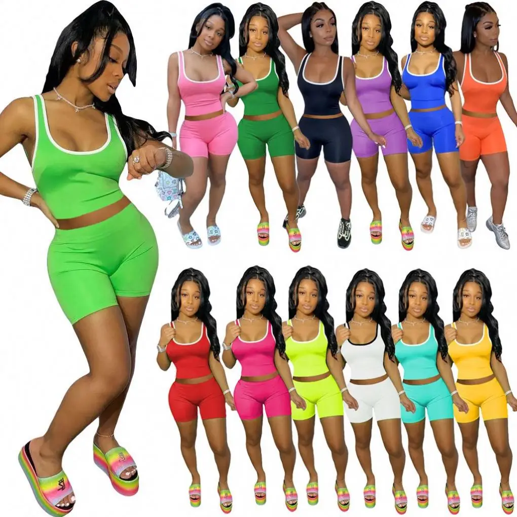 

Two Piece Jogger Set Womens Fashion Sexy Solid Color Tank Tops 2 Pc Short Sets Custom Sweatsuits Short Set, Orange, green, red, black, white