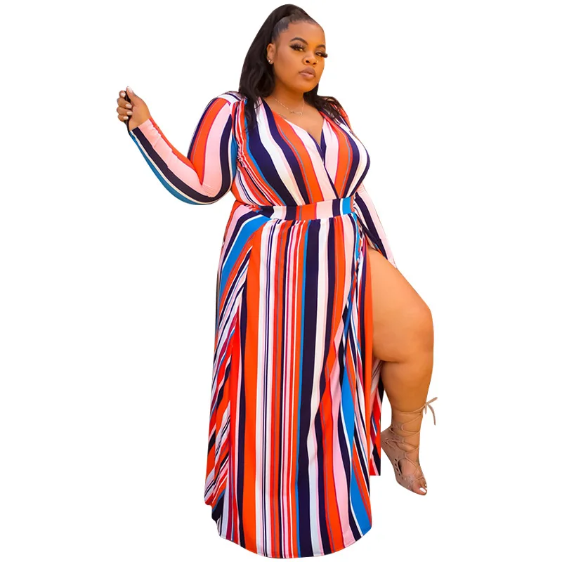 

2021 New Fashion Casual Striped Split Sexy V-neck Long Swing Plus Size Elegant Fat Women Maxi Dresses, Picture color