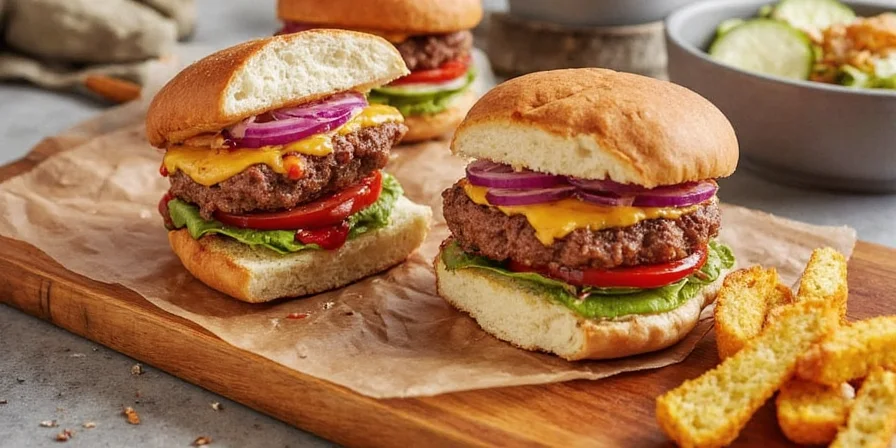 Platter of grilled turkey burgers with sides