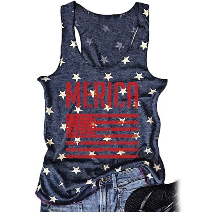 

Free Shipping Women Flag Start Printed O-Neck American Independence Day Sleeveless T-shirt Women Tank Tops for July 4th, Accept customized colors