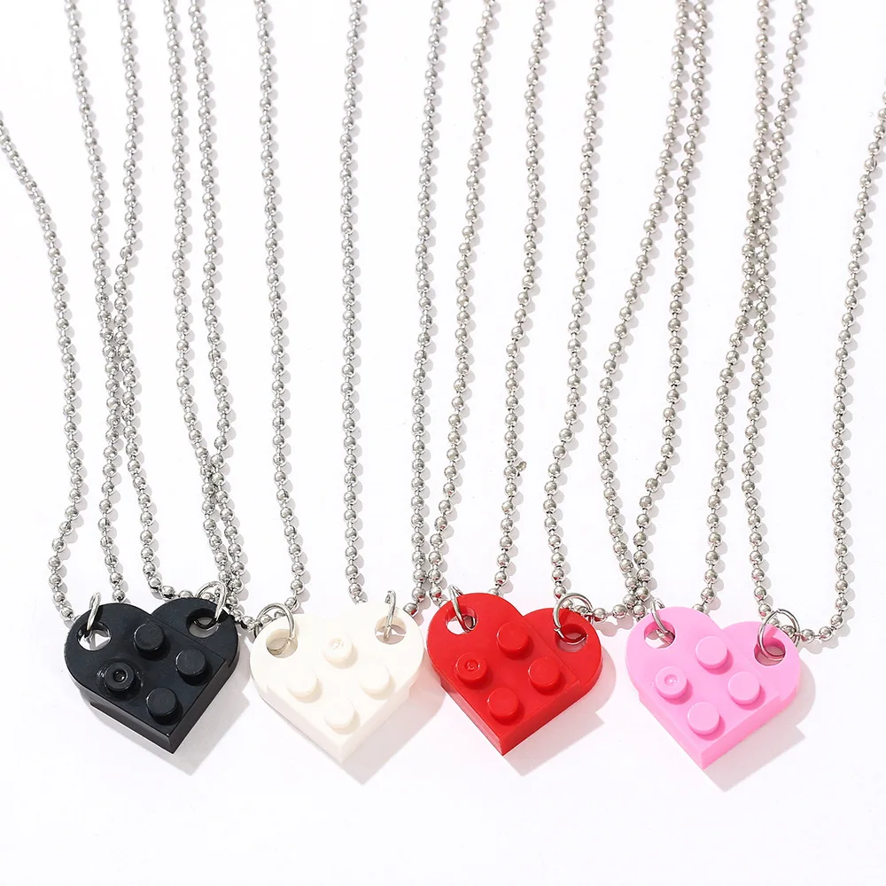 

Harajuku 2pcs Building Block Colorful Legos Jewelry Compatible Gifts Couples Friendship Heart Pendant Shaped Brick Necklace