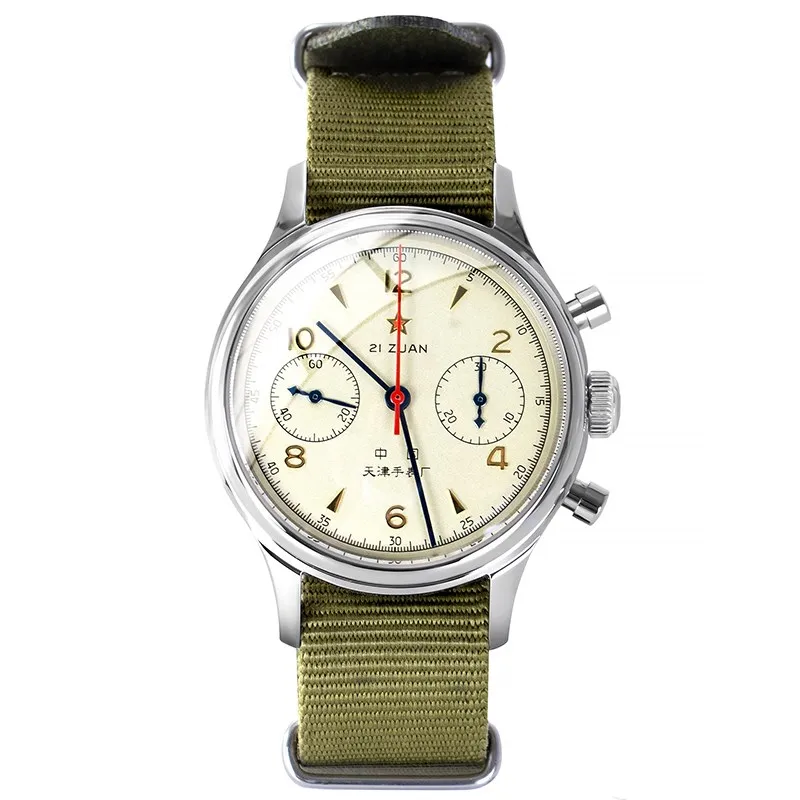 

Classic Men 38mm 40mm 1963 Chronograph Pilot Watch Seagull Movement ST1901 Hand Wind Mechanical Wristwatch, Army green