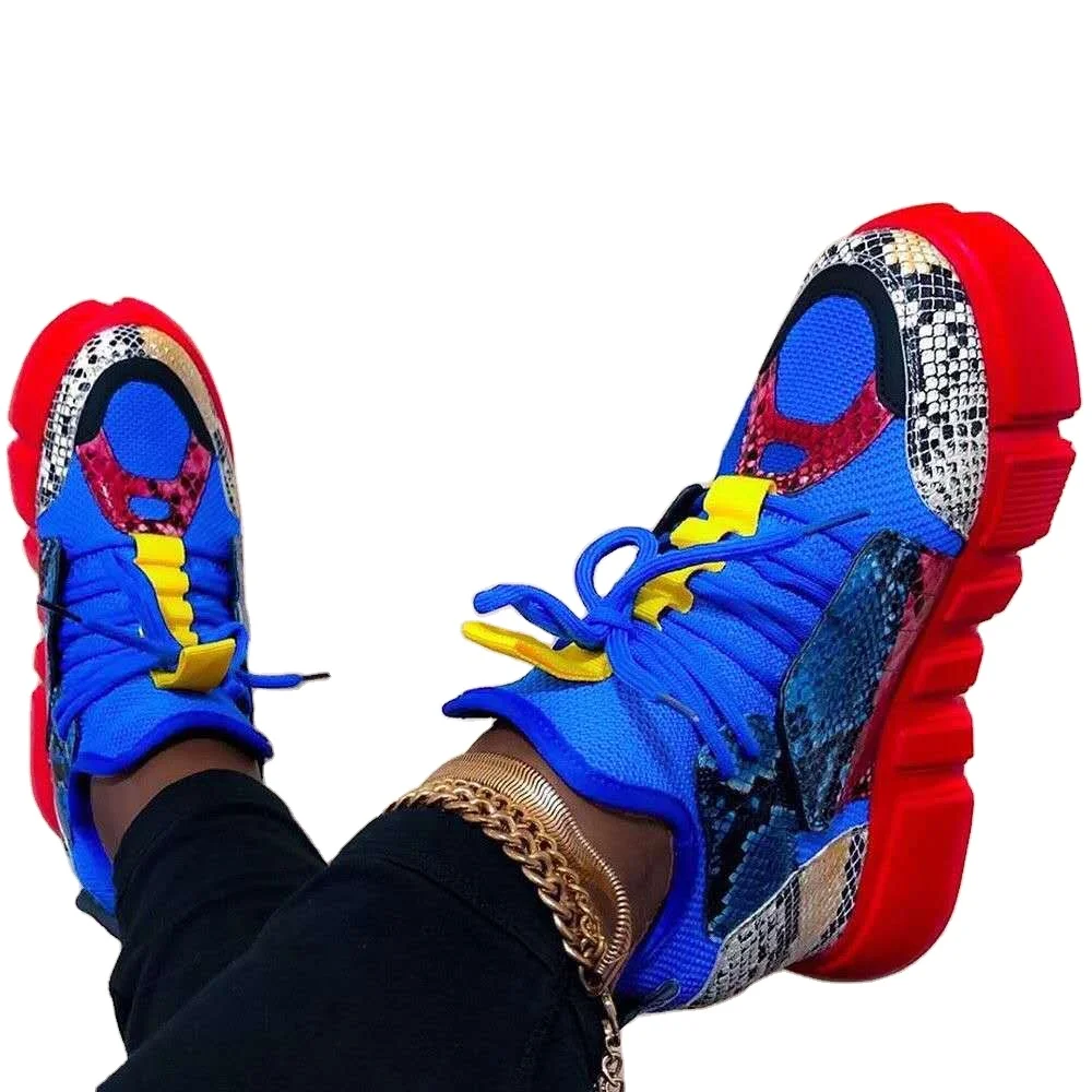 

6W0029 Blue yellow red bottom sole breathable Amazon new model lady casual shoes snake girls sneaker fashion woman shoes