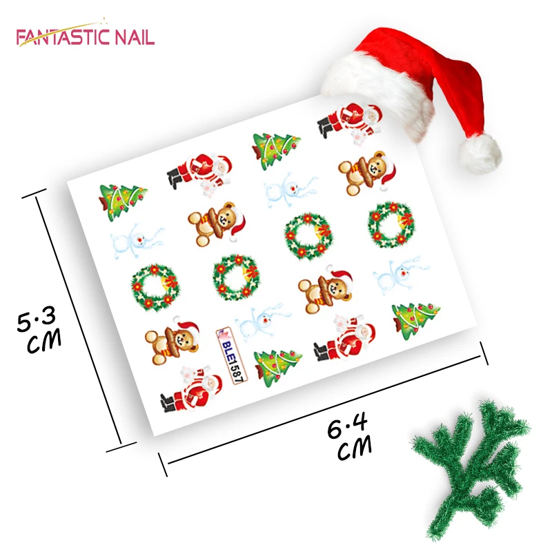 

Hot Sale Custom Cute Cartoon DIY Nail Decoration with custom packaging Christmas water transfer nail sticker, Colorful