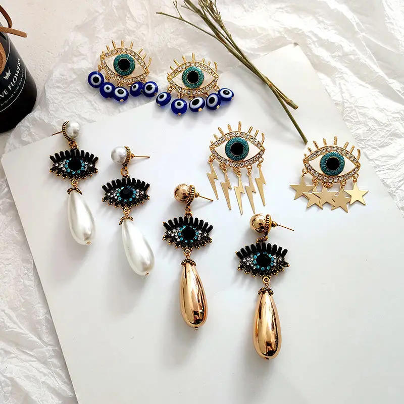 

Creative Pearl Tassel Turkish Evil Eye Long Drop Earrings Boho Crystal Eyes Drop Earrings for Women, Gold plated