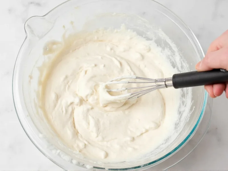 Whipped cream mixture in glass bowl showing air incorporation