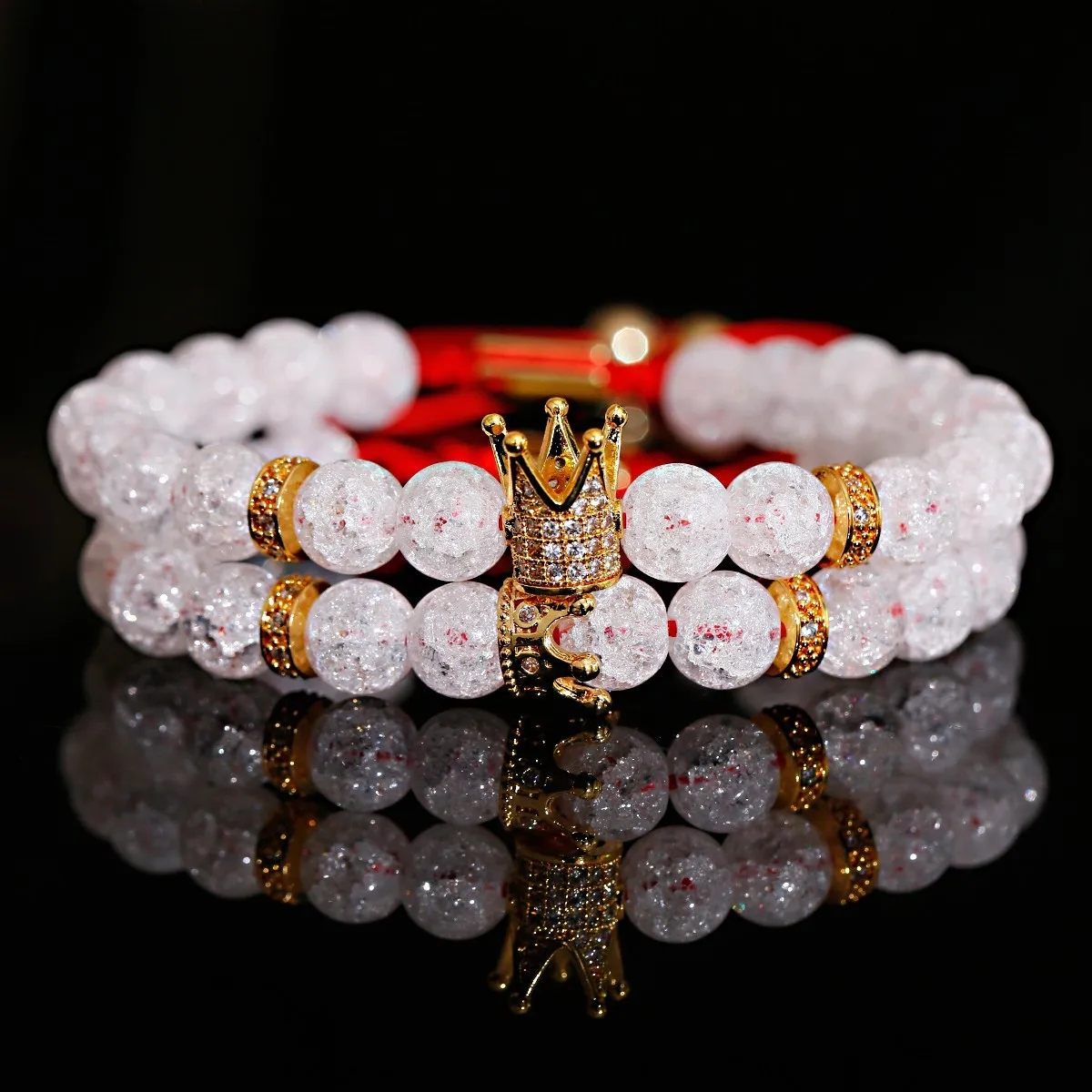 

Hot Sale Gold Color Handmade Crack Crystal Stone Bead Bracelet Mirco Pave Cubic Zircon Crown Beaded Bracelet For Women Men