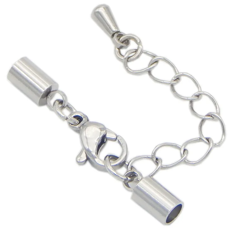 

S1051 Stainless Steel End Tips Caps for Leather Cord with Lobster Clasp and extender chain,Necklace bracelet clasp buckle set