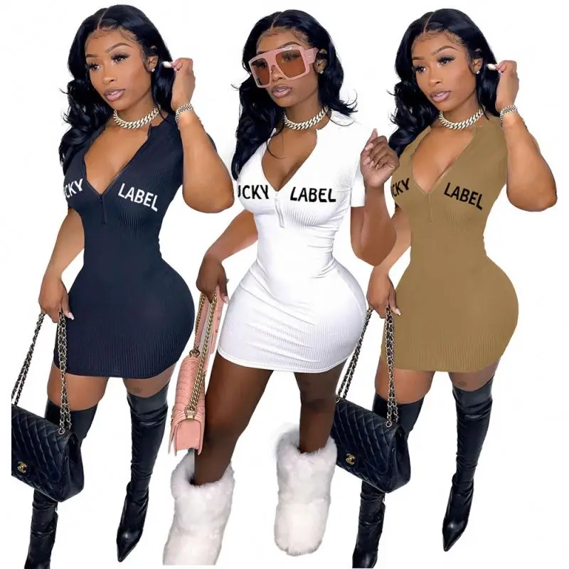 

2021 hot style wholesale casual comfortable lucky label v neck solid color short-sleeved women dress
