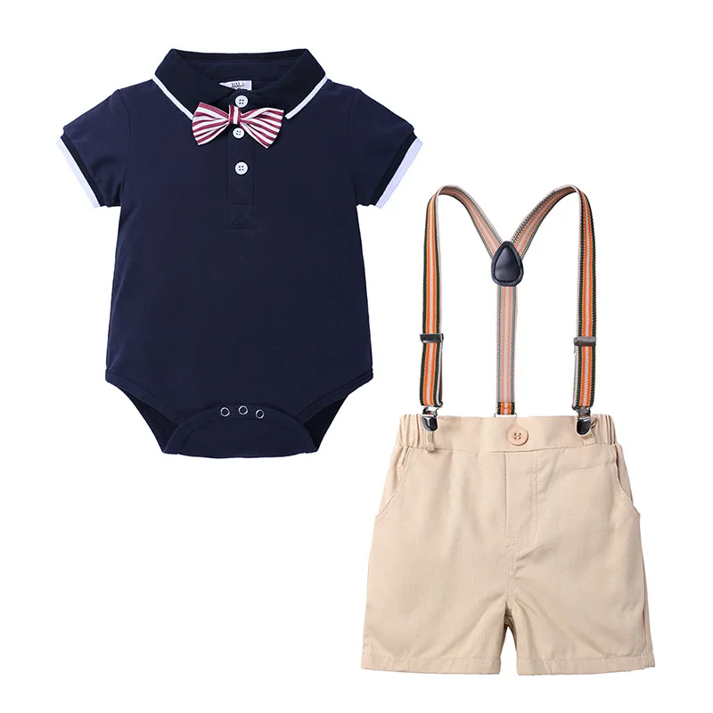 

New Popular Fashion Summer Lapel Polo Shirt Short-sleeved Strap Set Gentleman Baby Boy New Born Clothes Sets, As pic shows, we can according to your request also