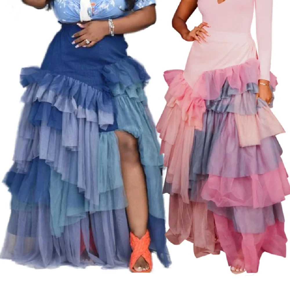 

YQY1664 New Fashion Multi - Layer Mesh Irregular Long Pleated Skirt Plus Size Womens Skirts