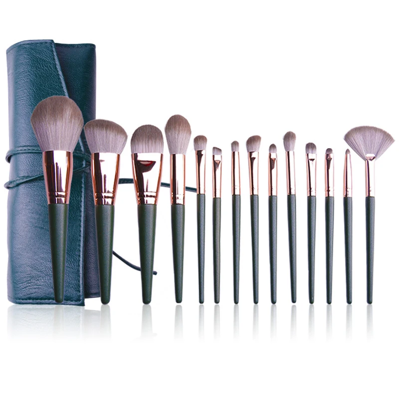 

Wholesale 14 Pieces Makeup Brushes Wooden Handle Private Label Green Makeup Brushes Set, As picture