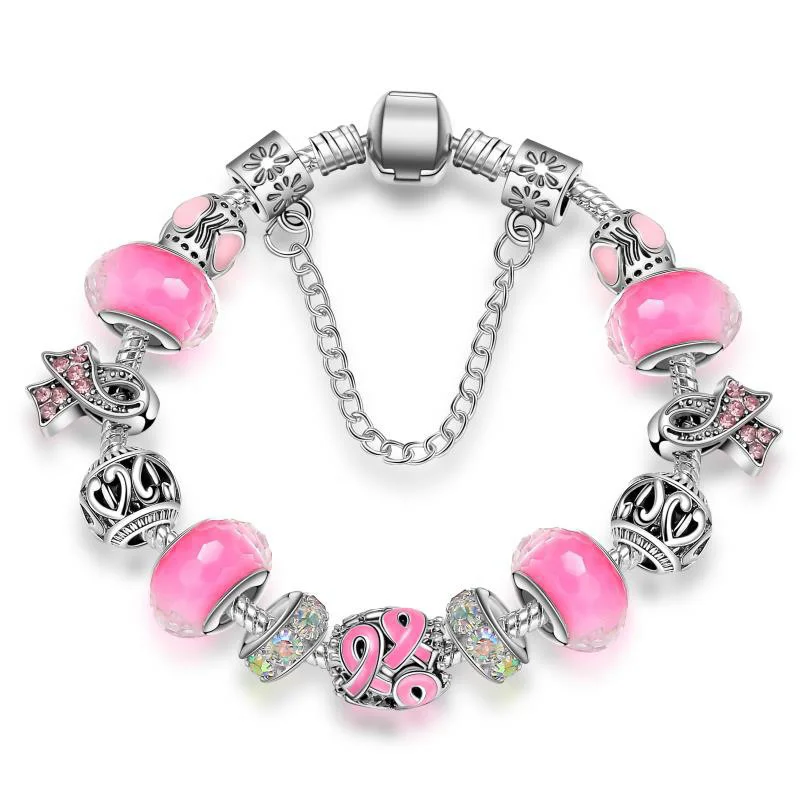 

glass crystal beads pink ribbon breast cancer awareness charm bracelets jewelry inspirational charm bracelets for women