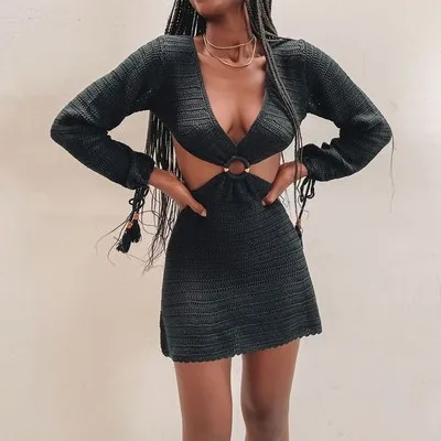 

2021 Knit Stripe Long Sleeve Dress Beach Backless Summer Hollow Out Women V Neck Sexy Party Mini Dresses Casual White, Black