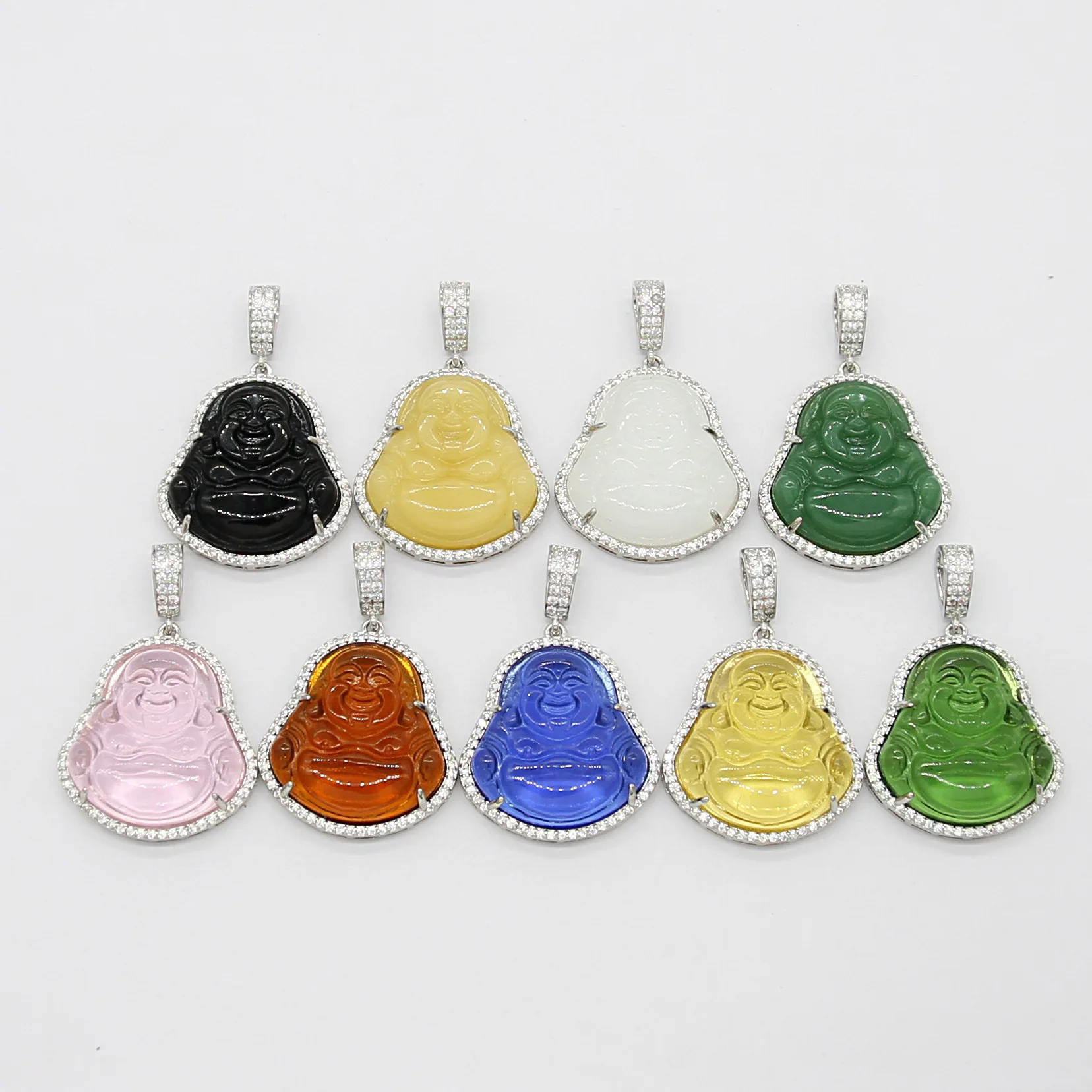 

Trendy Buddhism Hip Hop Silver Brass CZ Paved Glaze Jade Maitreya Buddha Pendant Necklace Unisex Zircon Buddha Pendant Necklace