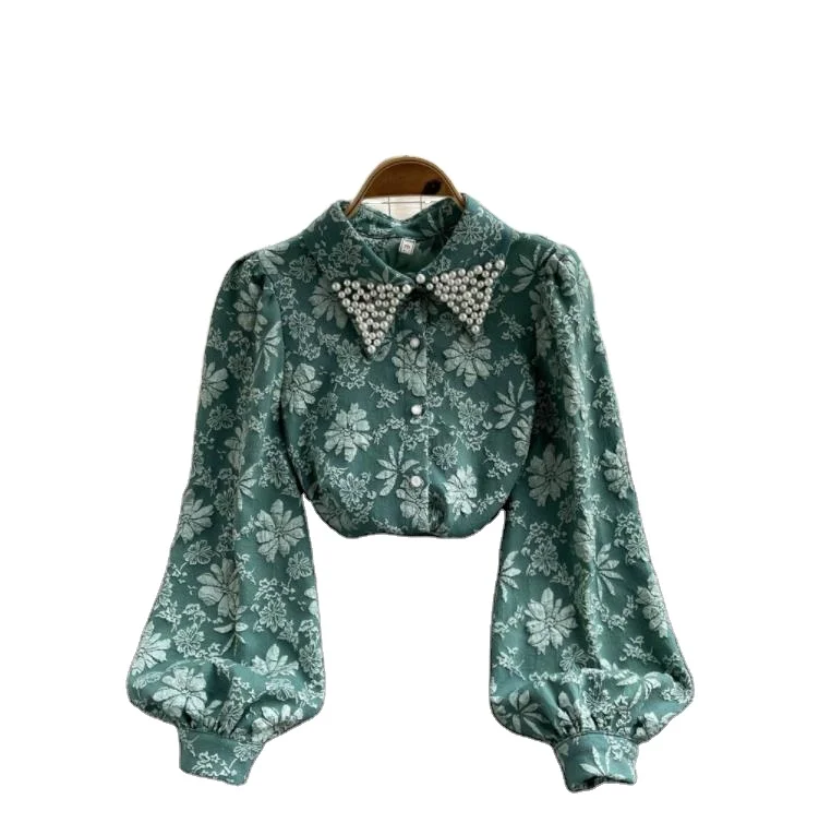 

Wholesale pearl ball neck puff sleeve women's long sleeve top retro elegant shirt