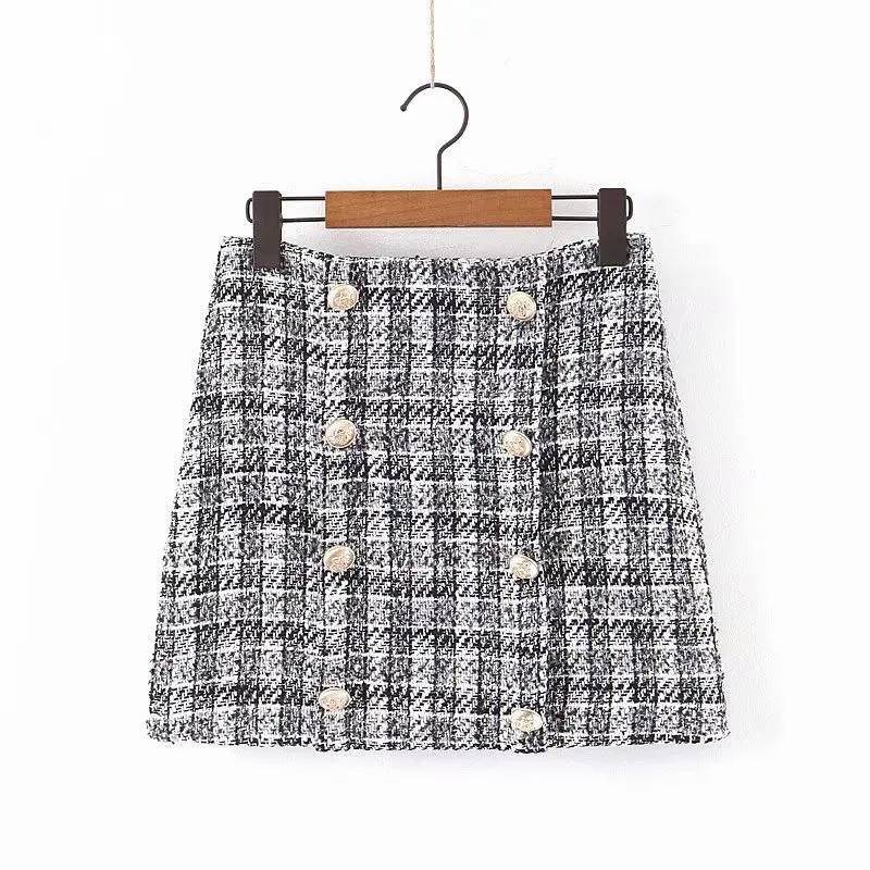 Vintage design fashion A line slim fit women mini tweed skirt with buttons