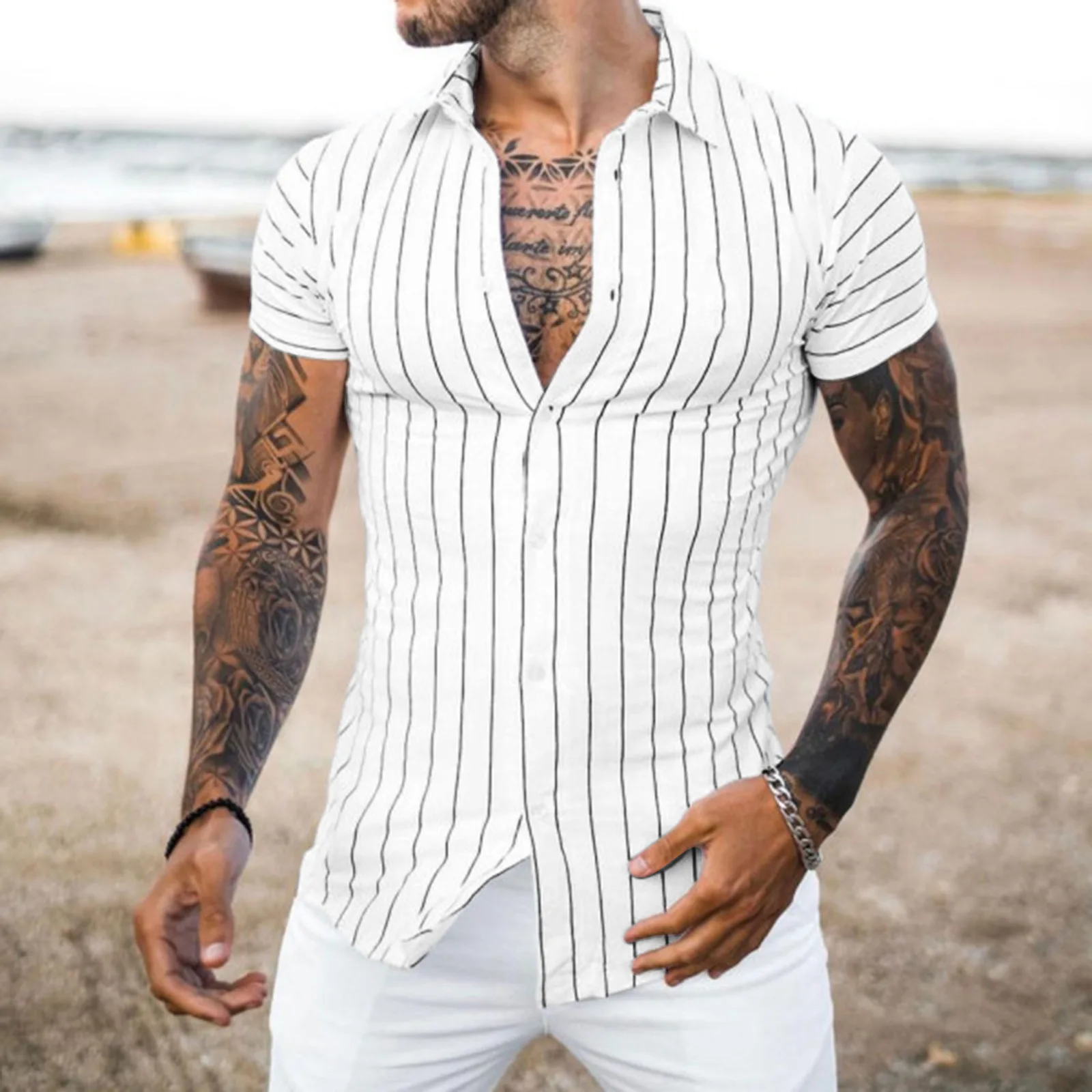 

2021 Trendy Summer Men's Business Office Wear Shirt No Pocket Striped Print Short Sleeve Shirts For Men