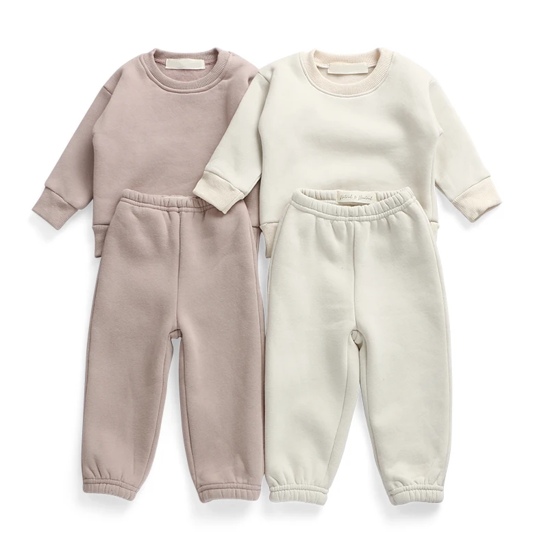 

2021 New Babies Clothes High Quality Unisex Fleece Solid Color Cozy Sport Suit Two-piece Baby Kids Winter clothing set Tracksuit, Picture shows