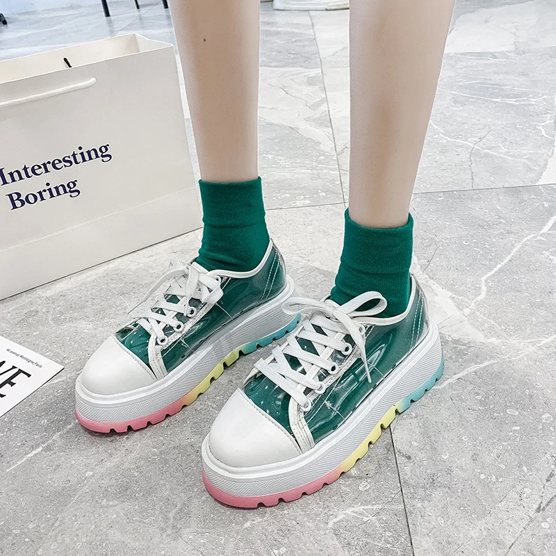 

2020 Popular Colorful Girls Europe Increased Thick Bottom Lace Up Casual Sports Shoes Upper Transparent Sneakers For Women, White