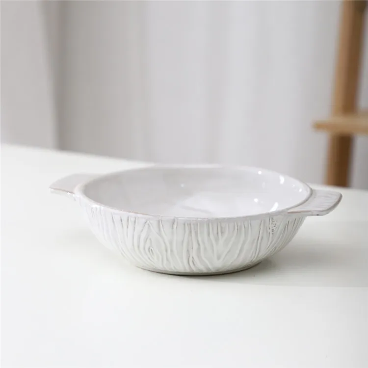 Hot sale kitchen matte embossed design cheap cake bread pizza pie white ceramic baking dish set with different size.jpg